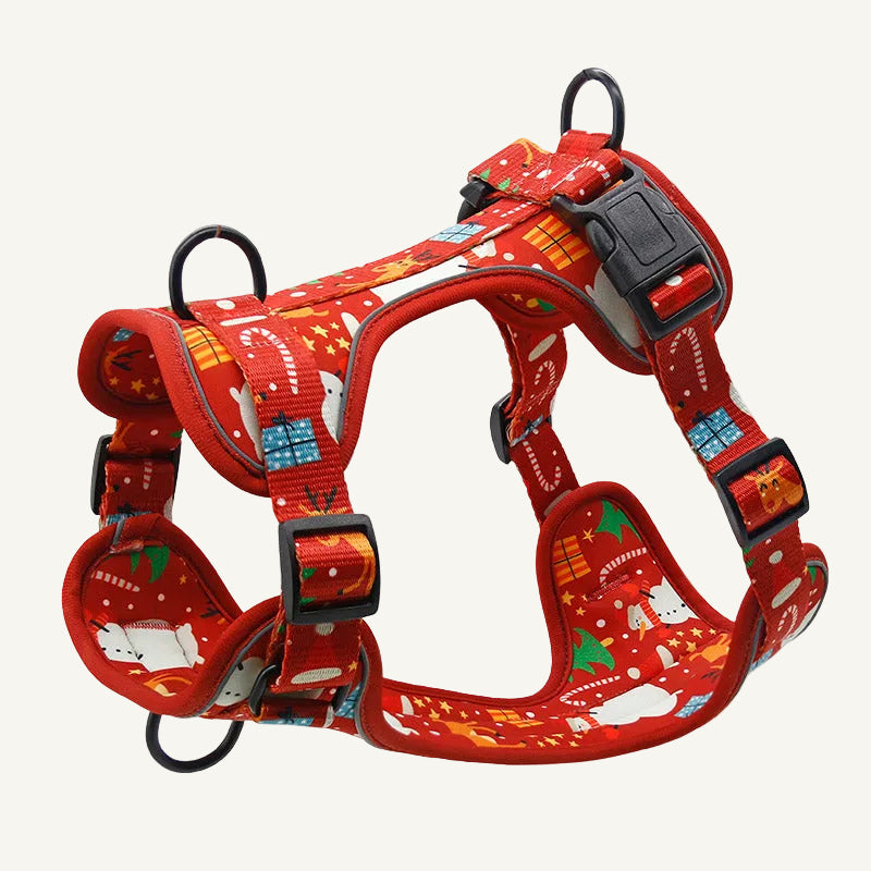 Christmas tree print pet harness with breathable padding and adjustable buckles