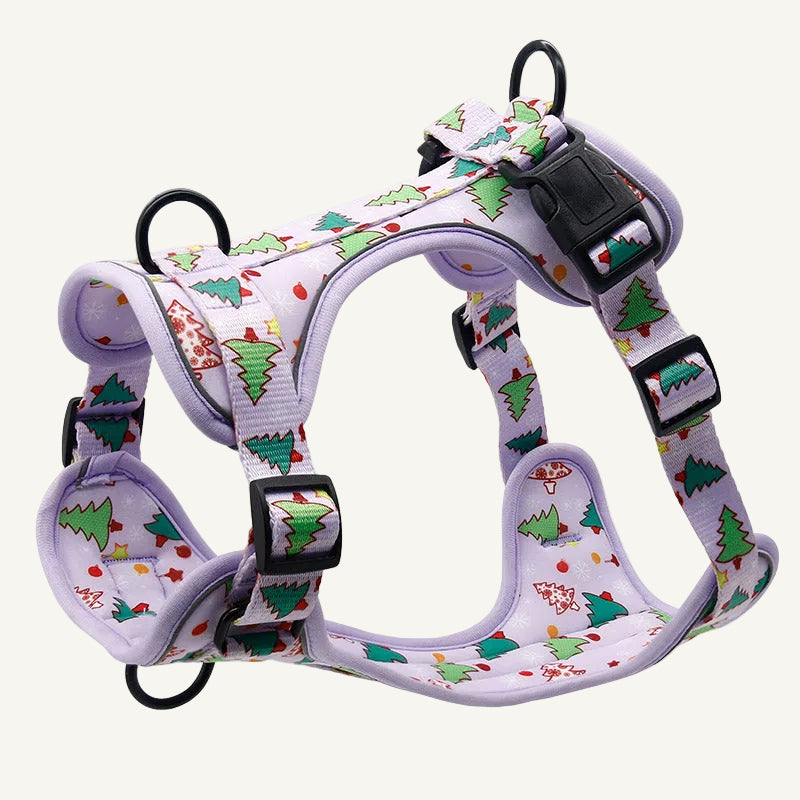 Purple Christmas print dog harness with adjustable straps and padded design