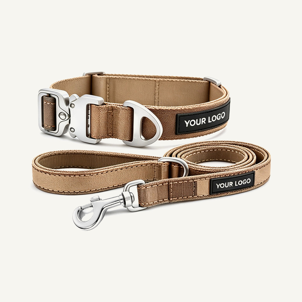 Custom Color Block Nylon Dog Collar and Leash Set wholesale product view four on warm neutral background