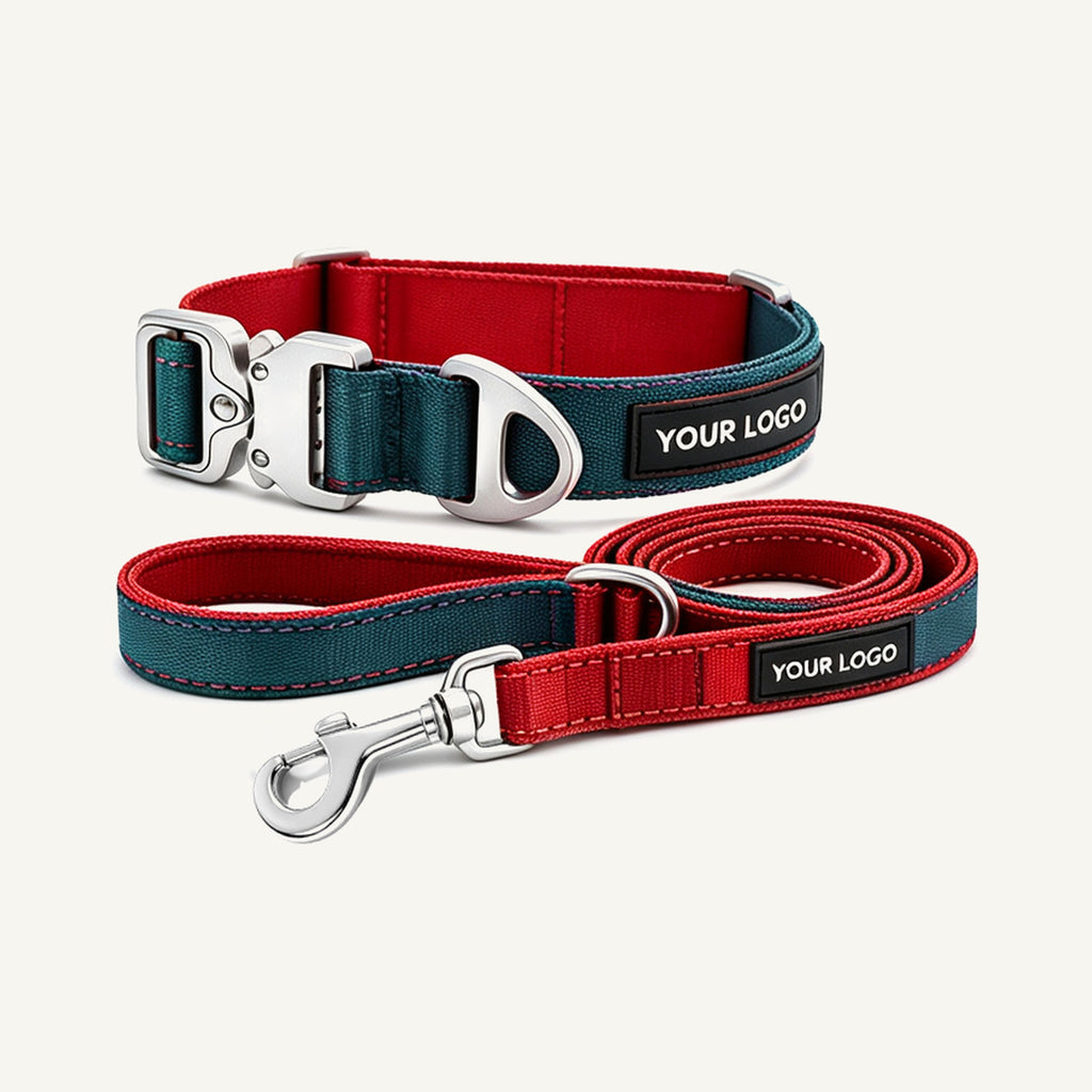 Custom Color Block Nylon Dog Collar and Leash Set wholesale product view one on warm neutral background