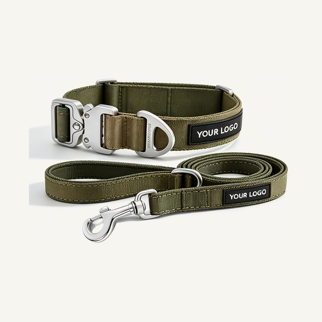 Custom Color Block Nylon Dog Collar and Leash Set wholesale product view two on warm neutral background