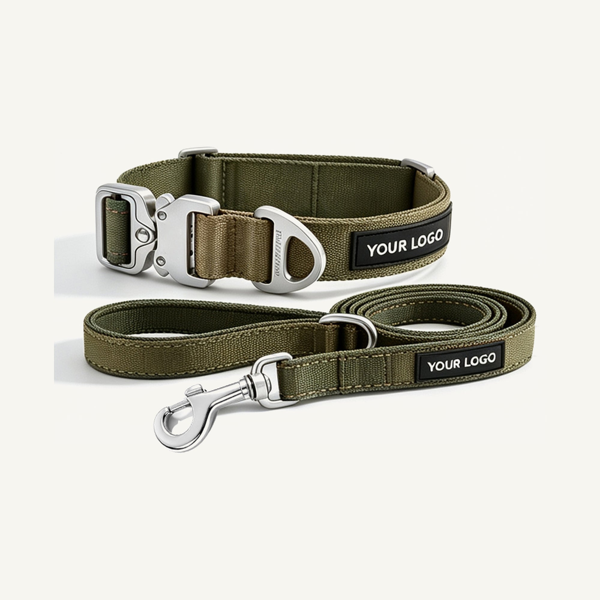 Custom Color Block Nylon Dog Collar and Leash Set wholesale product view two on warm neutral background