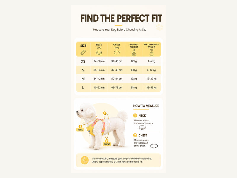Custom Printed Lightweight Breathable Dog Harness Measured Fit Guide detail image for wholesale buyers
