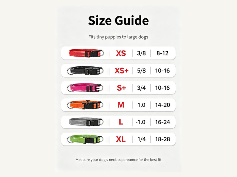 Custom Reflective Nylon Dog Collar with Quick Release Buckle Complete Size Guide detail image for wholesale buyers