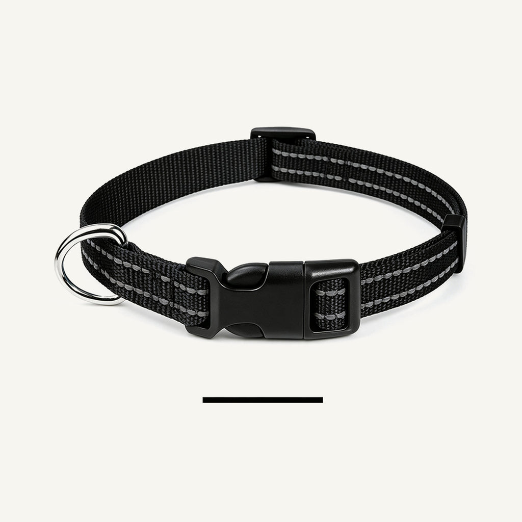 Custom Reflective Nylon Dog Collar with Quick Release Buckle wholesale product view three on warm neutral background