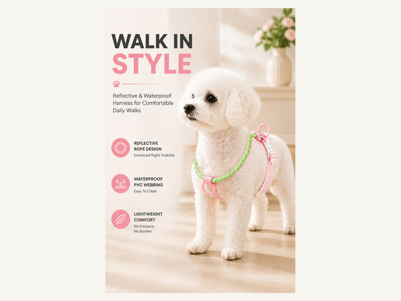 Custom Reflective Rope and Waterproof PVC Dog Harness Walking Lifestyle detail image for wholesale buyers