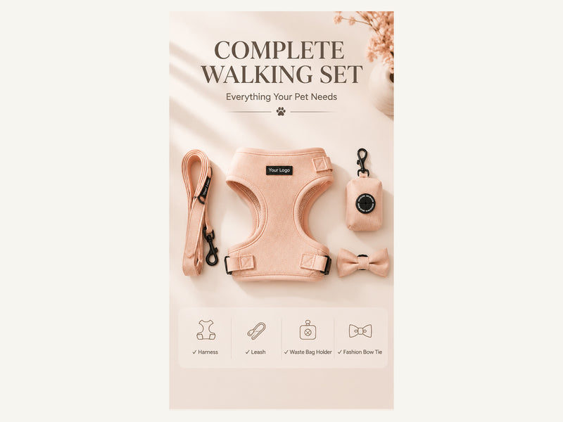 Custom Soft Mesh Dog Harness Four Piece Walking Set Complete Four-Piece Set detail image for wholesale buyers