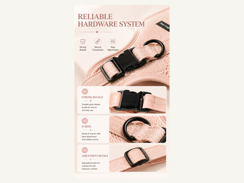 Custom Soft Mesh Dog Harness Four Piece Walking Set Reliable Hardware detail image for wholesale buyers