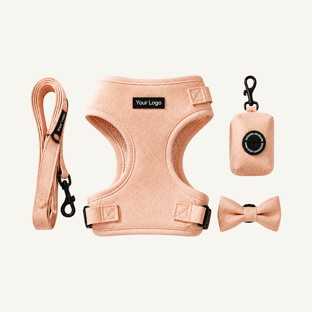 Custom Soft Mesh Dog Harness Four Piece Walking Set wholesale product view one on warm neutral background