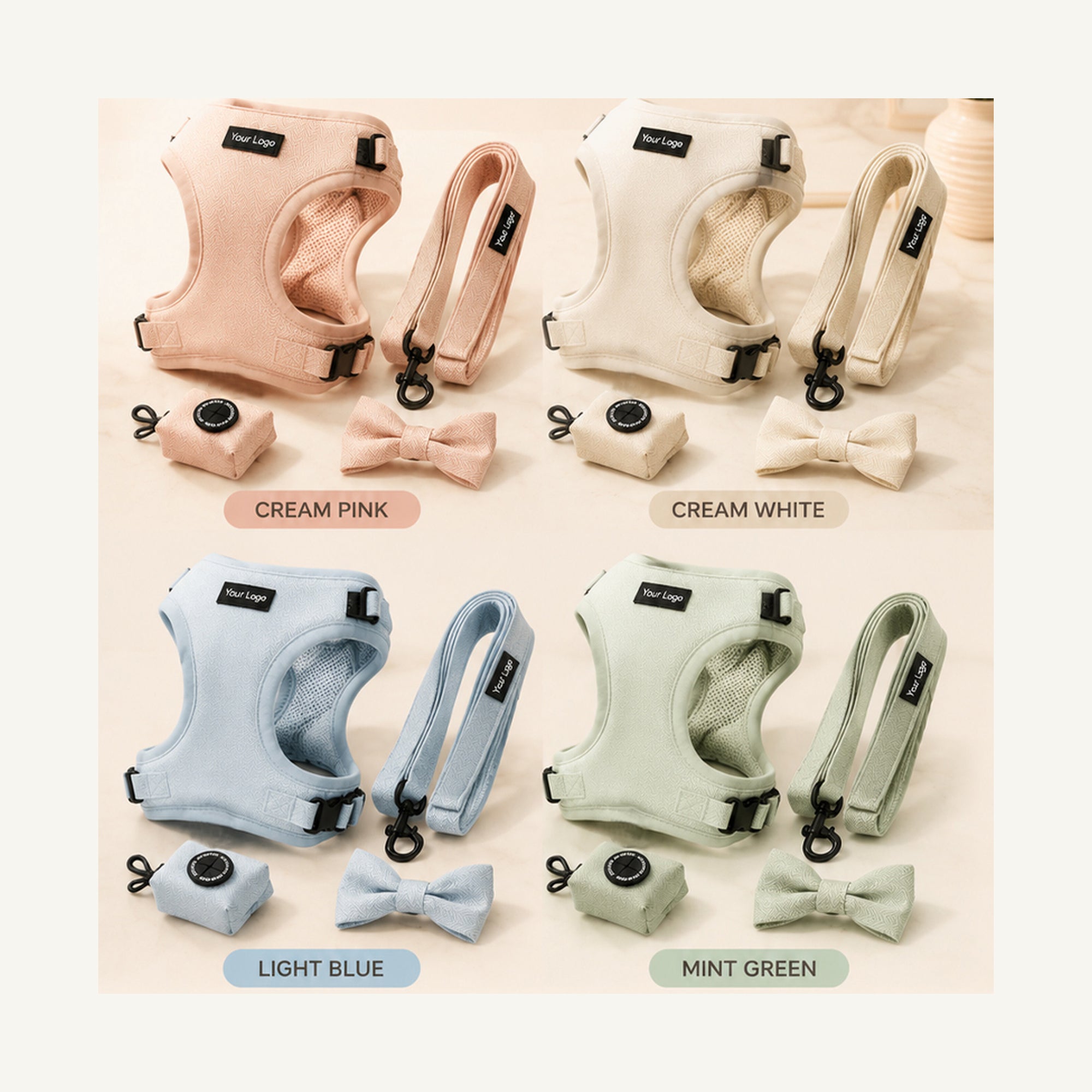 Custom Soft Mesh Dog Harness Four Piece Walking Set wholesale product view two on warm neutral background