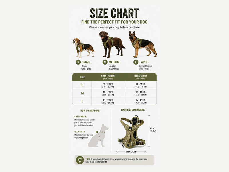 Custom Tactical No Pull Dog Harness with Reflective Trim Measured Size Chart detail image for wholesale buyers