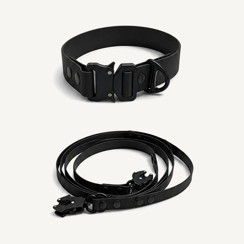 Custom Waterproof Dog Collar and Leash Set with Tactical Buckle wholesale product view three on warm neutral background