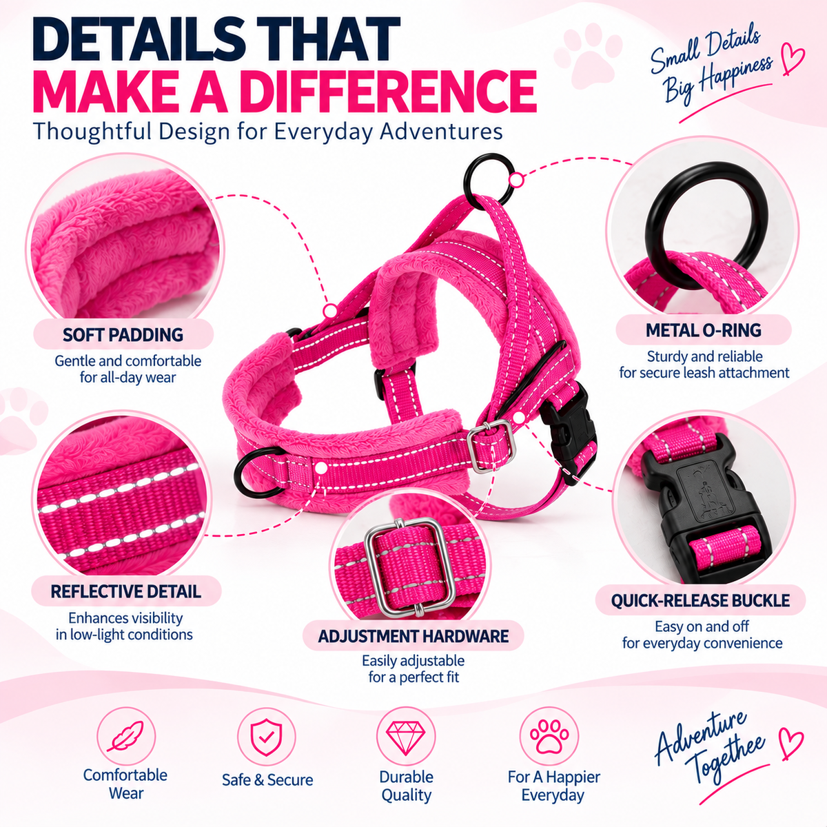 Hot pink padded reflective dog harness shown on a dog for everyday walking