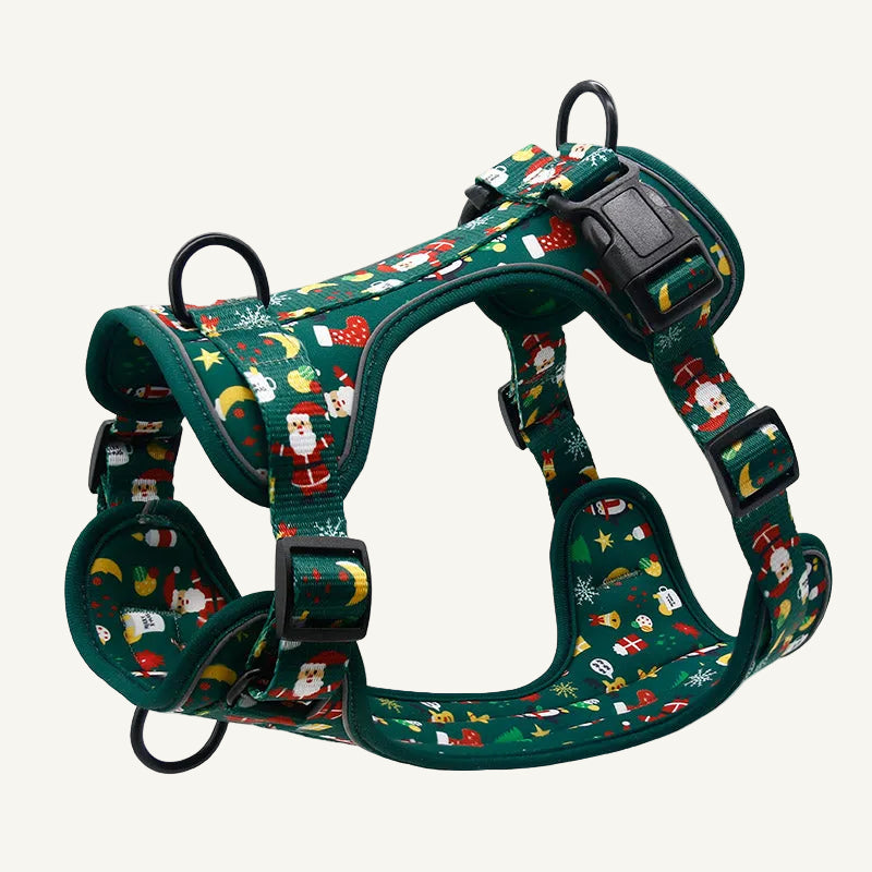 Custom OEM Christmas dog harness with tree pattern and black hardware