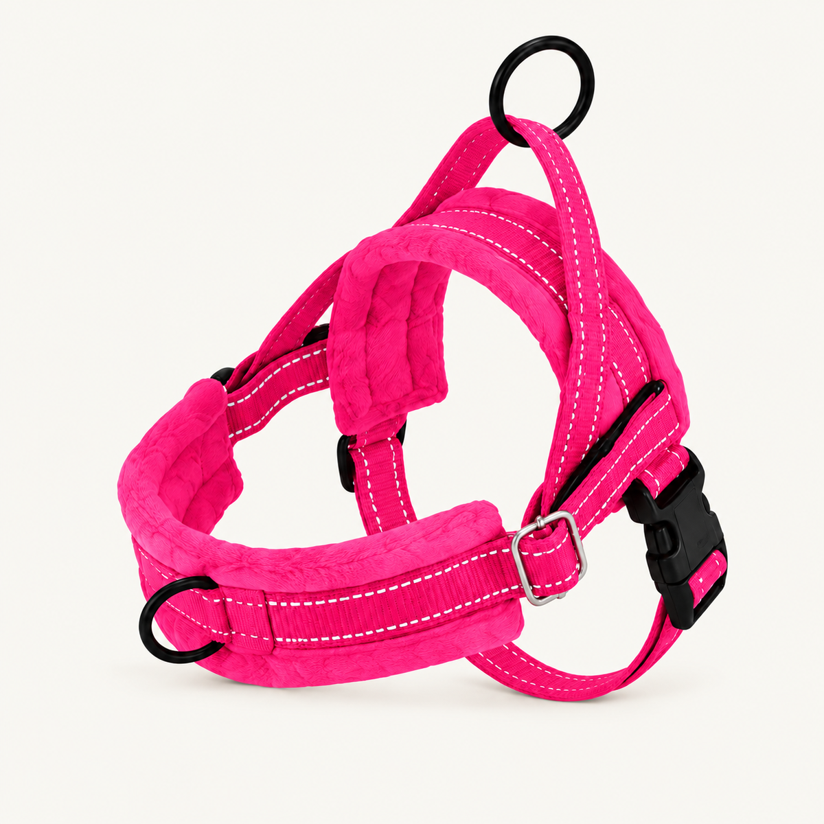 Black padded reflective dog harness with adjustable straps and quick-release buckle