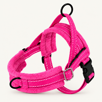 Hot pink padded reflective dog harness with quick-release buckle
