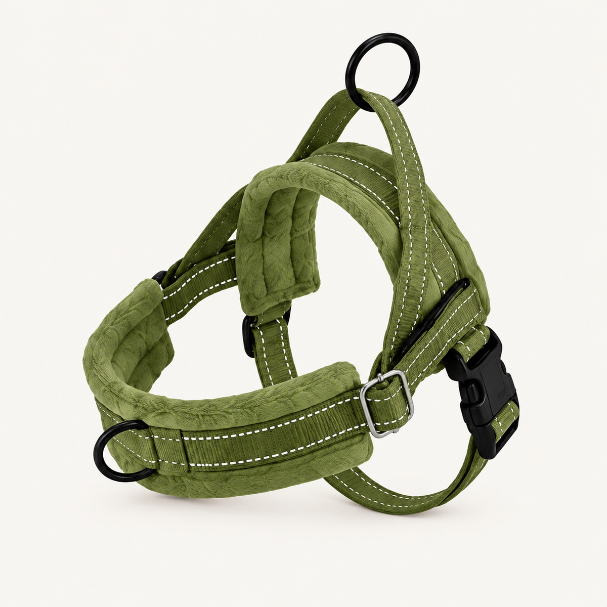 Olive green padded reflective dog harness with adjustable fit