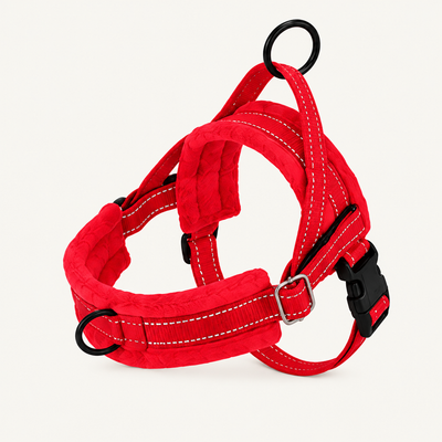 Red padded reflective dog harness with quick-release buckle