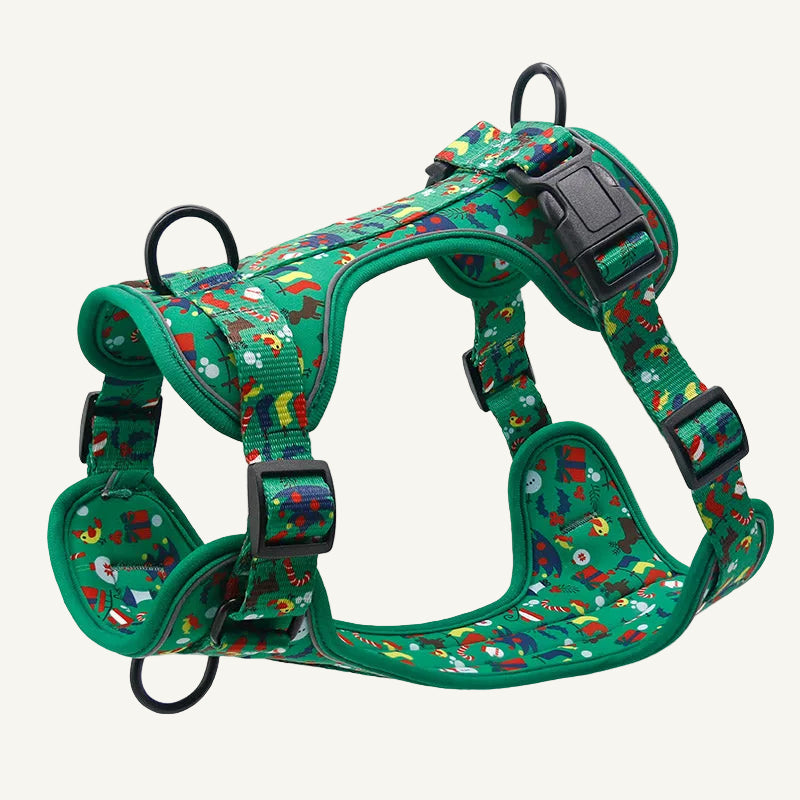 Private label Christmas dog harness with custom printed webbing and padded edges