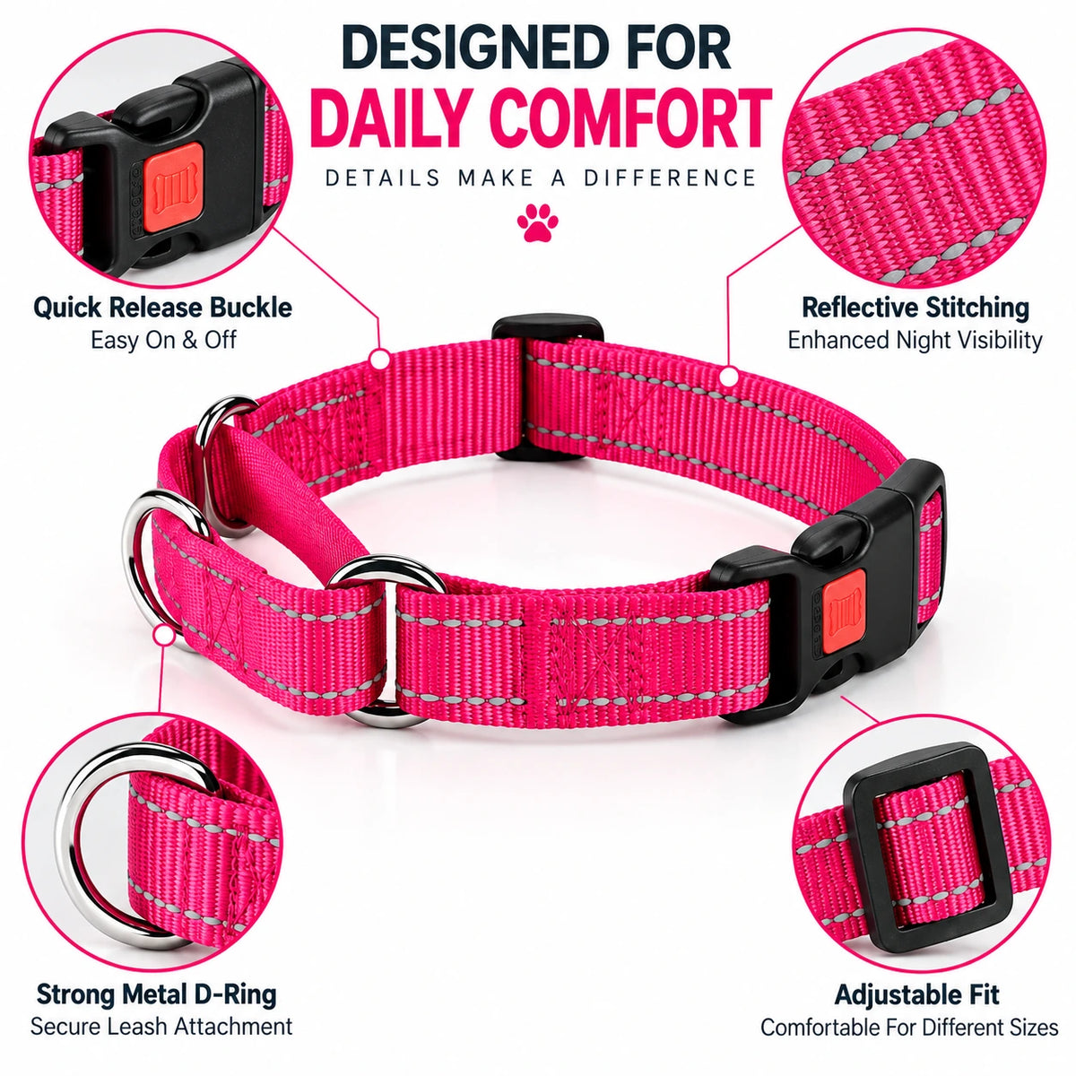 Reflective Nylon Dog Collar with Quick-Release Buckle and Adjustable Fit