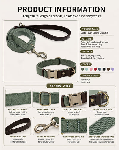 Matching suede-touch dog collar and leash sets displayed in eight colors including pink, purple and olive green